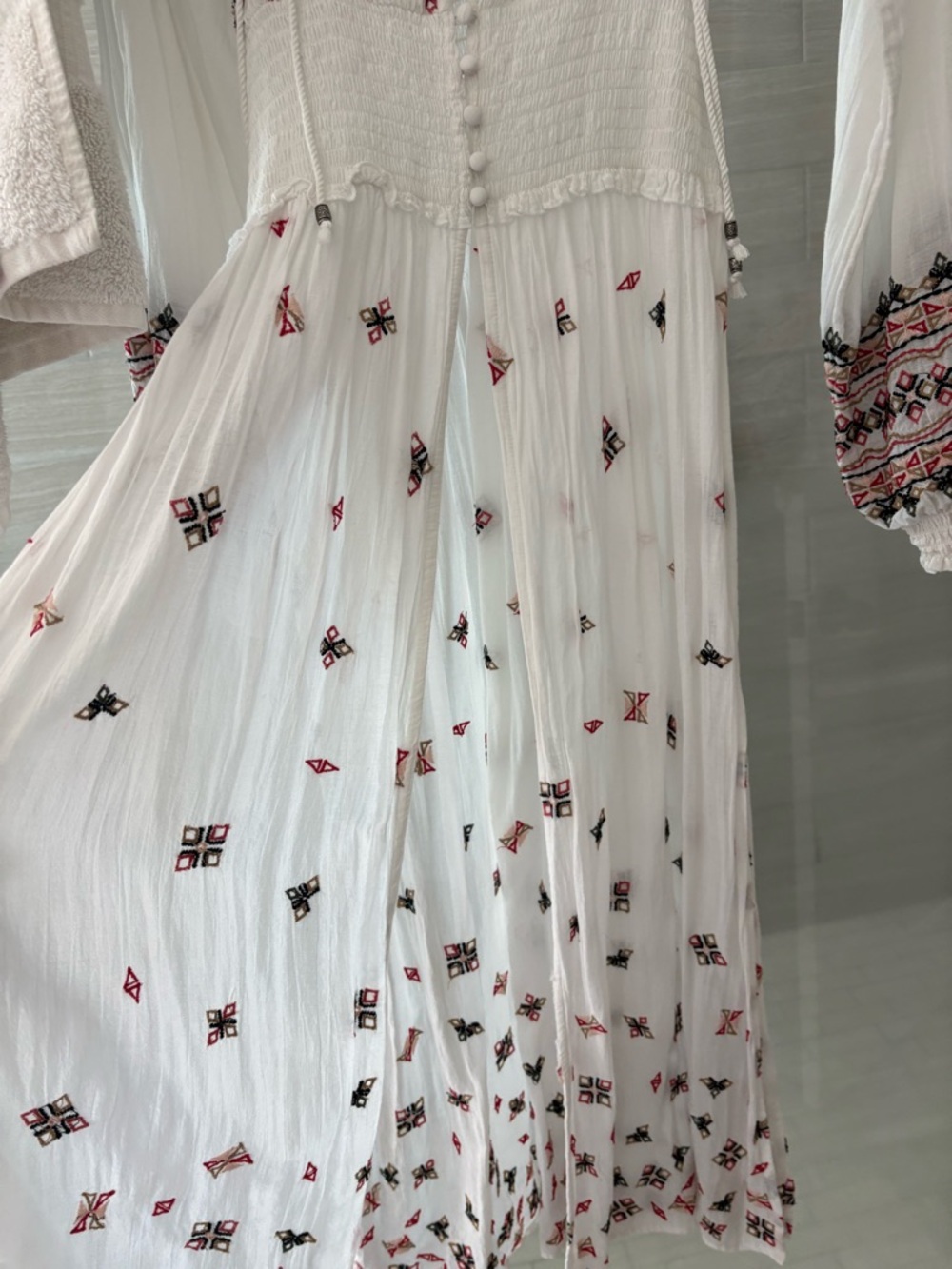 Free People White Maxi Dress with Red & Black Embroidery & side slits - Picture 2 of 4